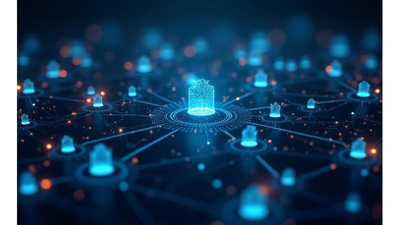 Illustration of various technology skill categories and focus areas represented by interconnected nodes on a digital network.